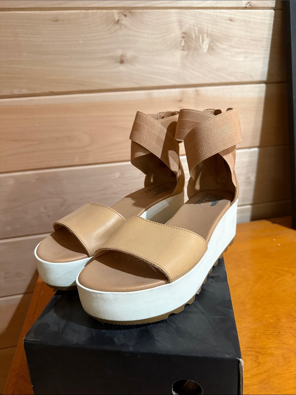 Sorel Tan Platform Sandals with Elastic Ankle Wraps